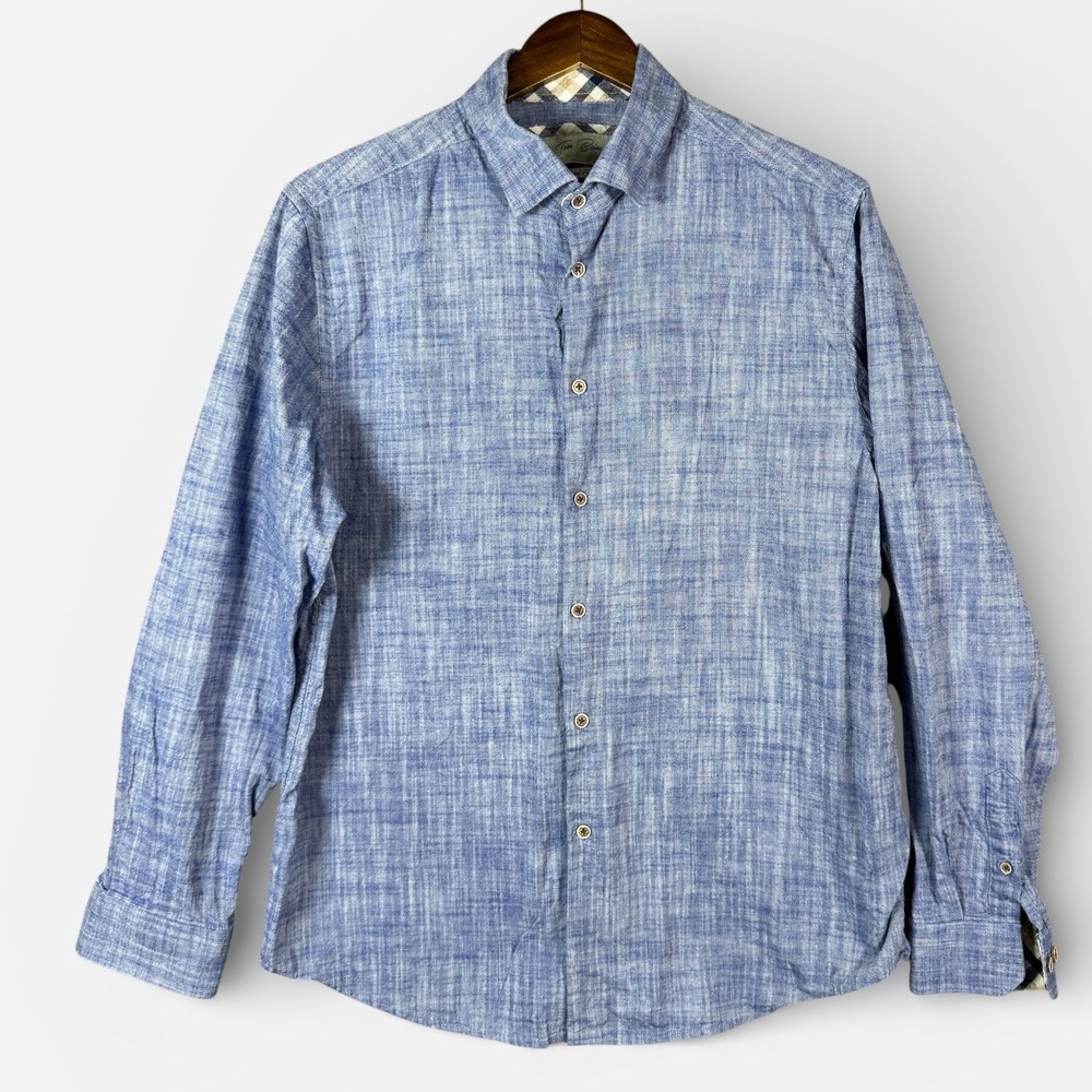 Tom Baine Button Down Shirt Mens 2XL Blue Textured Long Sleeve Plaid Trim